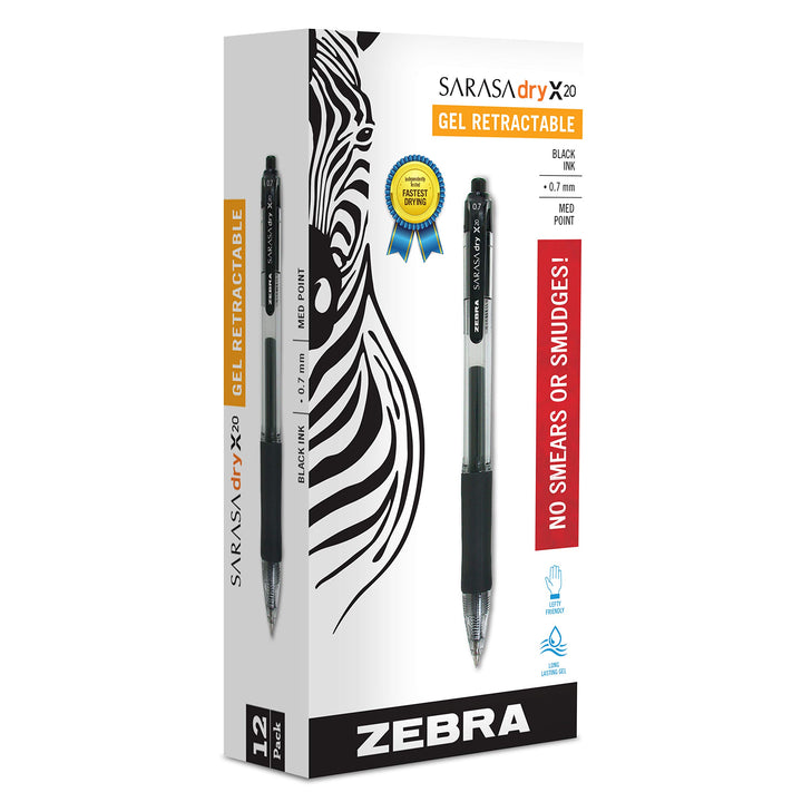 Zebra Pen Sarasa Dry X20 Retractable Gel Pen, Medium Point, 0.7mm, Black Ink, 12-Pack