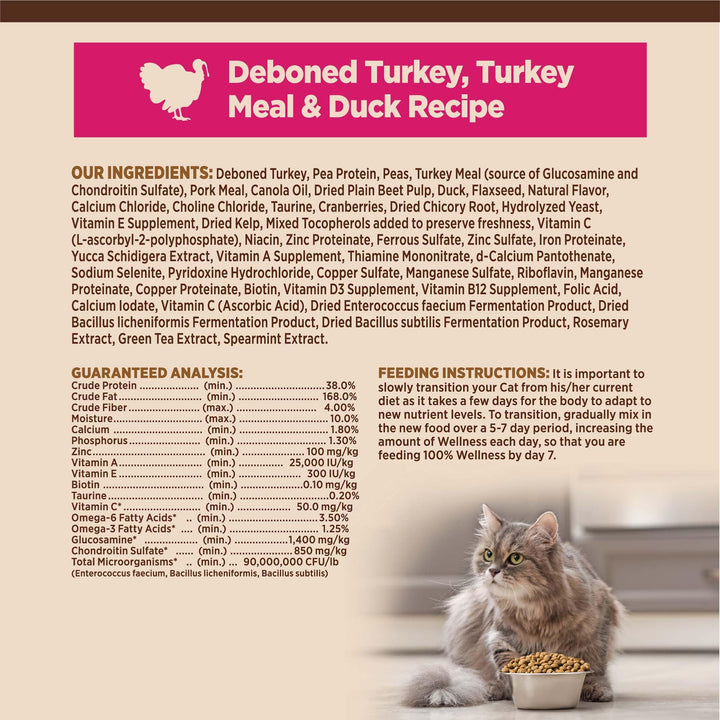 Wellness CORE Natural Grain-Free High Protein Adult Dry Cat Food Recipe, Turkey, Turkey Meal and Duck Formula, 11 Pound Bag 11 Pound (Pack of 1)