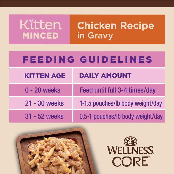 Wellness CORE Tiny Tasters Wet Kitten Food, Complete & Balanced Natural Pet Food, Made with Real Meat, 1.75-Ounce Pouch, 12 Pack (Kitten, Minced Chicken in Gravy)