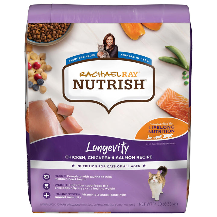 Nutrish Rachael Ray Longevity Premium Natural Dry Cat Food with Added Vitamins, Minerals & Other Nutrients, Chicken with Chickpeas & Salmon Recipe, 14 Pounds 14 Pound (Pack of 1)