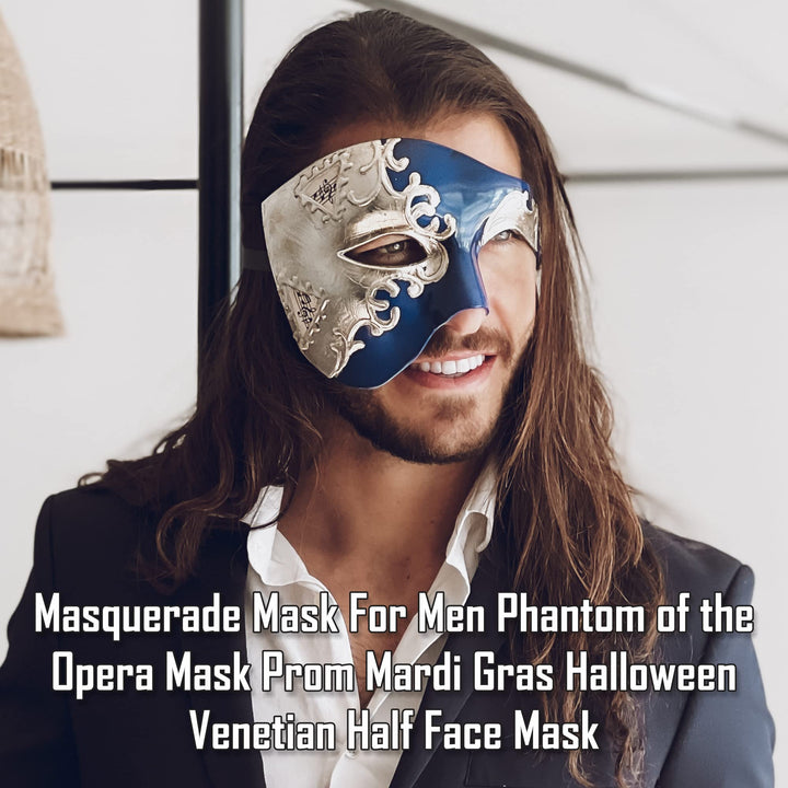 Masquerade Mask For Men Phantom Of The Opera Mask Prom Mardi Gras Haloween Venetian Half Face Mask Blue/Silver One Size