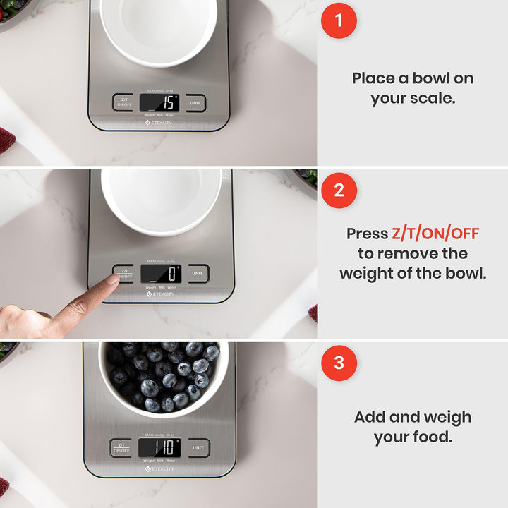 Etekcity Food Scale, Digital Kitchen Scale, 304 Stainless Steel, Weight in Grams and Ounces for Baking, Cooking, and Meal Prep, LCD Display, Medium