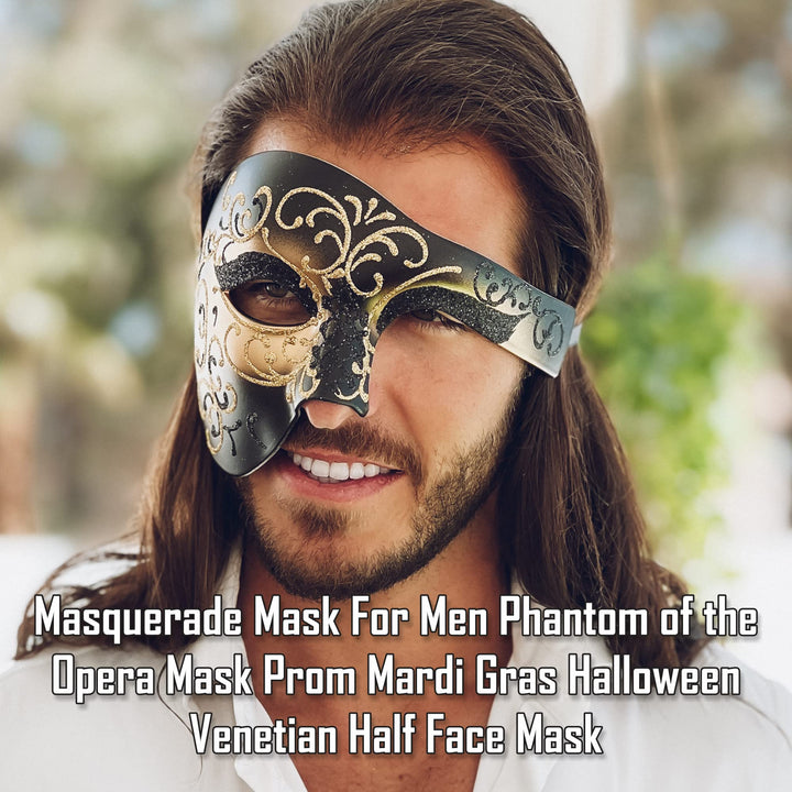 Masquerade Mask For Men Phantom Of The Opera Mask Prom Mardi Gras Haloween Venetian Half Face Mask Black-gold One Size