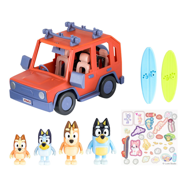 Bluey Heeler Family 4WD Vehicle and 4 Figure Pack, 2.5-3 Inch Figures, 2 Surfboards Accessories and Stickers | Exclusive