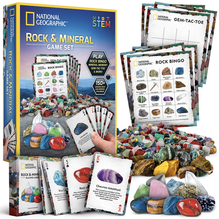 National Geographic Rock Bingo Game - Play Rock Bingo, Mineral Memory, Gemstone Trivia, & Card Games, Collection Includes Over 150 Rocks and Minerals, Educational STEM Toy for Kids ( Exclusive)