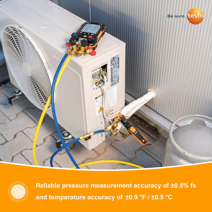 testo 557s AC Manifold Gauge Set – AC Recharge Kit with 2x testo 115i Pipe Clamp Thermometer, 1x testo 552i Micron Gauge, and 4x Hoses – AC Gauge Set with Bluetooth Vacuum Kit with 4 Hoses