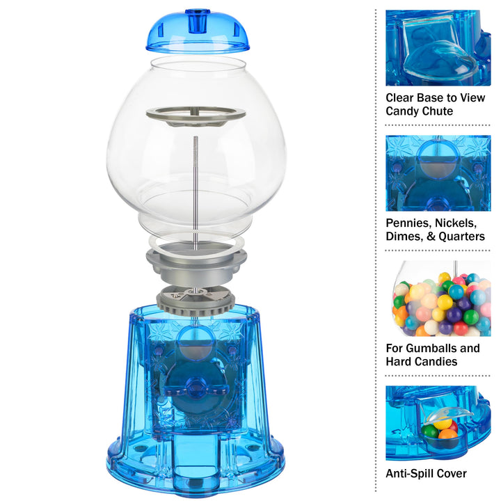 11-Inch Translucent Gumball Machine - Coin-Operated Candy Dispenser Vending Machine and Piggy Bank by Great Northern Popcorn (Blue) BLUE