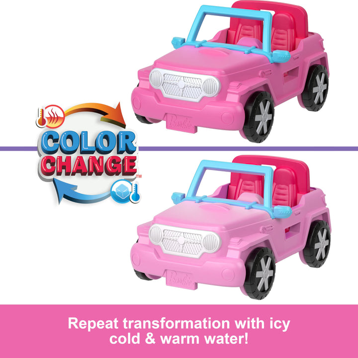 Barbie Mini BarbieLand Doll & Toy Vehicle Sets, 1.5-inch Doll & SUV with Color-Change Surprise & Tent Accessory Jeep