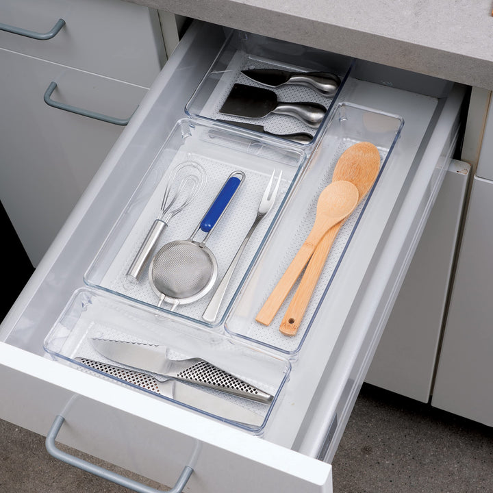 Oggi Set of 5 Clear Drawer Organizers - (1) 3x6.25, (2) 3x9.5, (2) 3x12.5 - Ideal for Organizing Kitchen Drawers, Office, Desk, Silverware, Kitchen Utensils, Cosmetics and Bathrooms