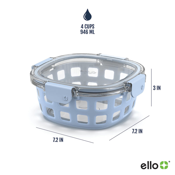 Ello Duraglass Meal Prep Container- Glass Food Storage Container with Silicone Sleeve and Airtight BPA-Free Plastic Lid, Dishwasher, Microwave, and Freezer Safe 4 Cup Halogen Blue