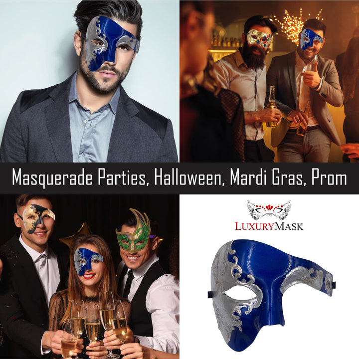 Masquerade Mask For Men Phantom Of The Opera Mask Prom Mardi Gras Haloween Venetian Half Face Mask Blue/Silver One Size