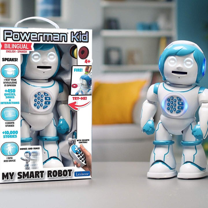 LEXIBOOK Powerman Kid - Educational and Bilingual English/Spanish Robot - Walking Talking Dancing Singing Toy - STEM Programmable Telling Creating Stories - Quizzes Shooting Discs for kids - ROB90US