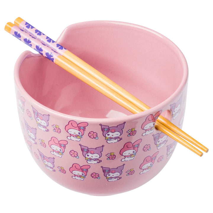 Silver Buffalo Sanrio My Melody And Kuromi Pastel Floral Pattern Ceramic Ramen Bowl with Chopsticks, 20 Ounces, Purple/Multi