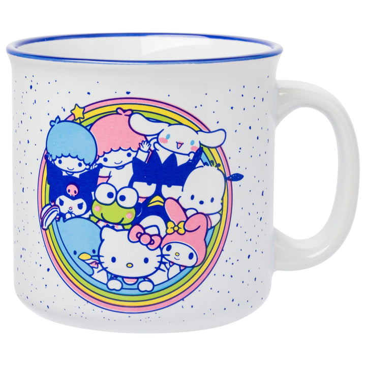 Silver Buffalo Sanrio Hello Kitty Friends Featuring Little Twin Stars, Cinnamoroll, Kuromi, Keroppi, Badtz-Maru, Pochacco, Tuxedo Sam, My Melody, Pompompurin, Chococat Ceramic Camper Mug, 20 Ounces Hello Kitty and Friends