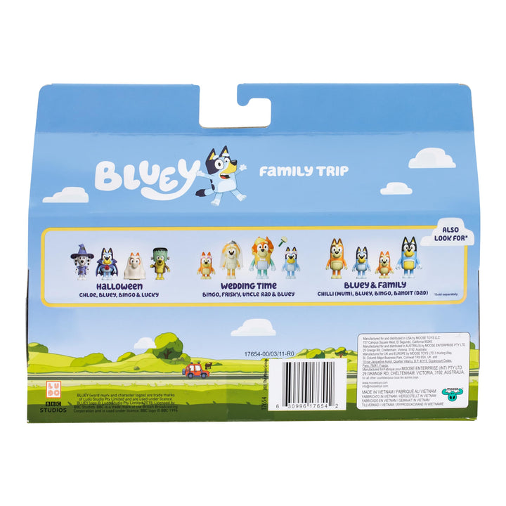 Bluey Figure 4-Packs, Family Trip, 2.5 Inch Poseable Figures of Bluey, Bingo, Bandit and Chilli, with Accessories, Kids Can Recreate Their Favorite Moments from The Bluey TV Show