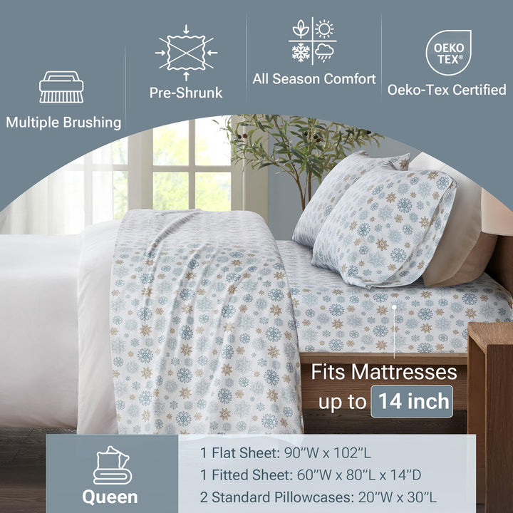 Sleep Philosophy True North Cozy Flannel Warm 100% Cotton Sheet - Novelty Print Animals Stars Cute Ultra Soft Cold Weather Bedding Set, Queen, Aqua Dots 4 Piece