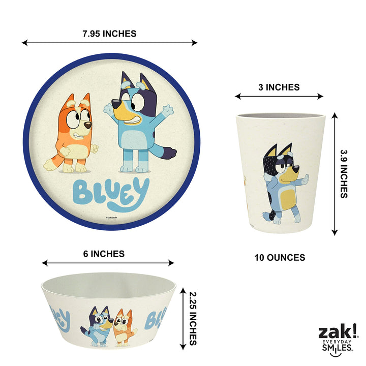 Zak Designs Bluey Kids Dinnerware Set 3 Pieces, Durable and Sustainable Melamine Bamboo Plate, Bowl, and Tumbler are Perfect For Dinner Time With Family (Bluey, Bingo, Bandit, Chilli) 8" Plate, 6" Bowl, 10oz Tumbler