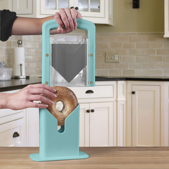 Hoan Bagel Guillotine Universal Slicer with Built In Safety Shield to Protect Fingers. Perfect for Smoothly Slicing Bagels, Buns, Muffins and More, Non Stick. 9.25 inch, Aqua Sky