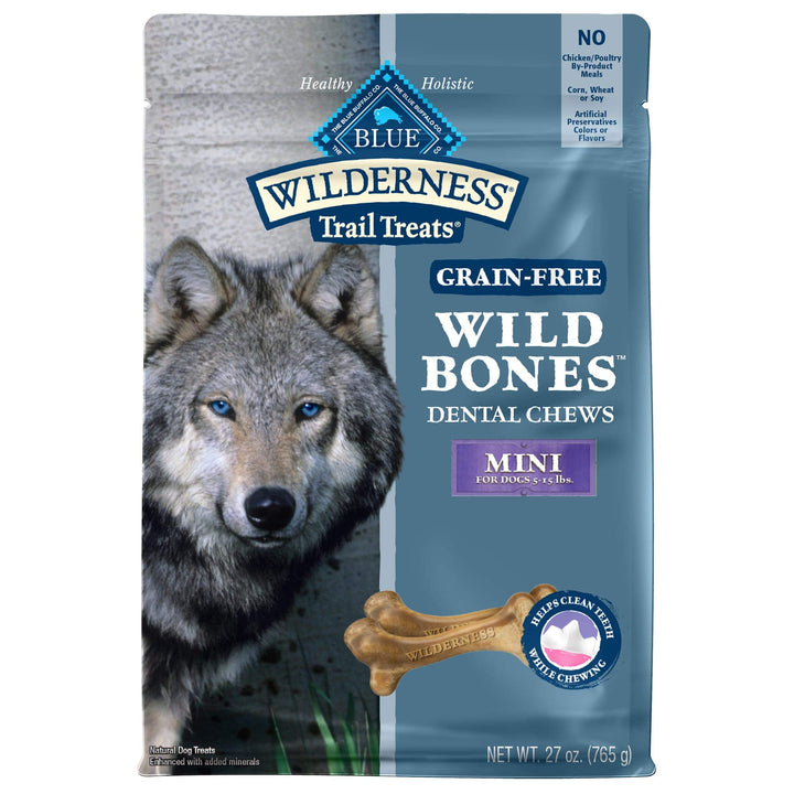 Blue Buffalo Wilderness Wild Bones Grain Free Dental Chews Dog Treats, Mini 27-oz Bag Mini Bones (For Dogs 5-15 lbs) 27 Ounce (Pack of 1)