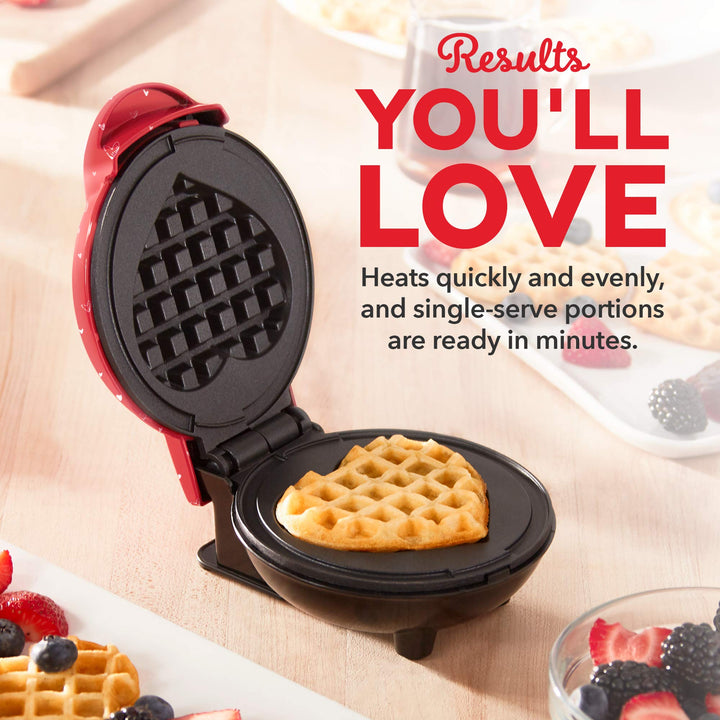 DASH Mini Maker for Individual Waffles, Hash Browns, Keto Chaffles with Easy to Clean, Non-Stick Surfaces, 4 Inch, Red Love Heart Waffle Maker