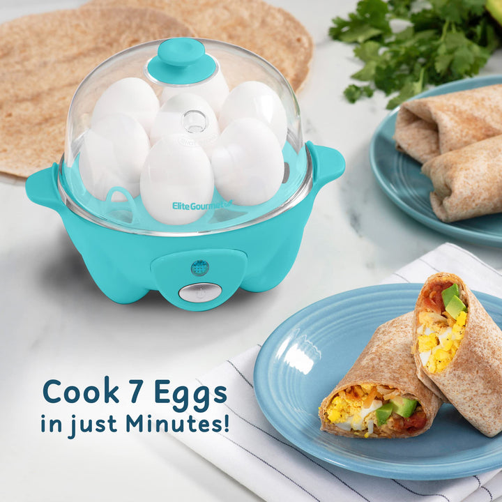 Elite Gourmet EGC-007T# Rapid Egg Cooker, 7 Easy-To-Peel, Hard, Medium, Soft Boiled Eggs, Poacher, Omelet Maker, Auto Shut-Off, Alarm, 16-Recipe Booklet, Teal 7 Egg Blue