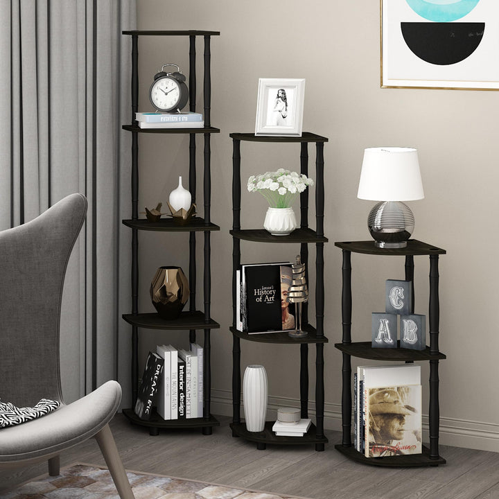 Furinno Turn-N-Tube 4-Tier Corner Display Rack Multipurpose Shelving Unit, Dark Brown Grain/Black 4-Tier Round Tube