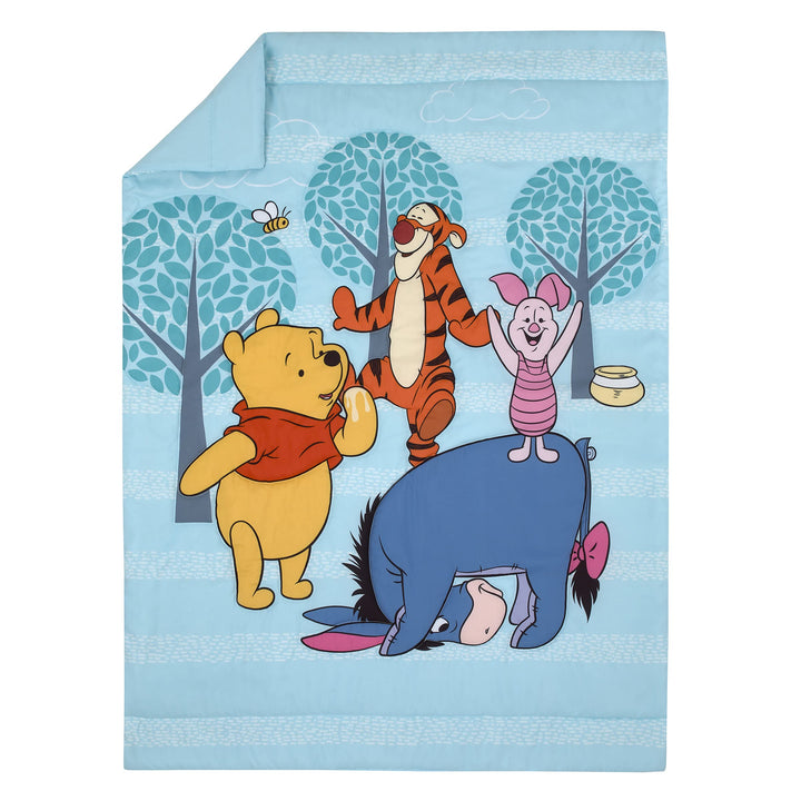 Disney Winnie The Pooh Funny Friends Aqua, Gold, Blue and Orange, Tigger, Eeyore and Piglet 4 Piece Toddler Bed Set - Comforter, Fitted Bottom Sheet, Flat Top Sheet, and Reversible Pillowcase Disney Winnie the Pooh