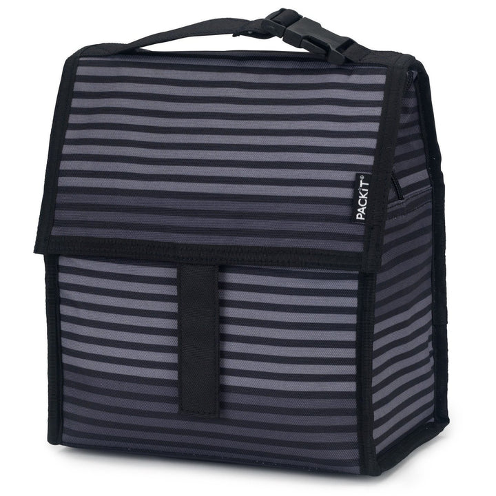 PackIt Freezable Lunch Bag, Gray Stripes, Built with EcoFreeze Technology, Foldable, Reusable, Zip and Velcro Closure with Buckle Handle, Perfect for School and Office Lunches