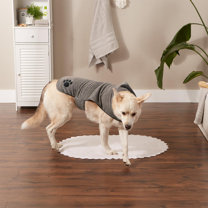 Bone Dry Pet Robe Collection Embroidered Absorbent Microfiber Bath Robe with Adjustable Closure, for Dogs & Cats, Large, Gray