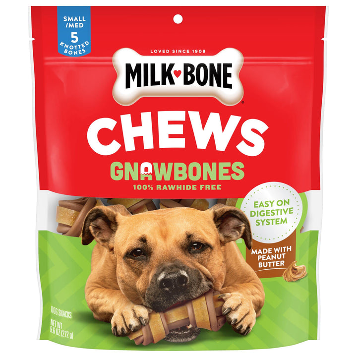 Milk-Bone Chews GnawBones Rawhide Free Dog Treats, Peanut Butter & Chicken, 5 Long Lasting Small/Medium Knotted Bones 9.6 Ounce (Pack of 1)