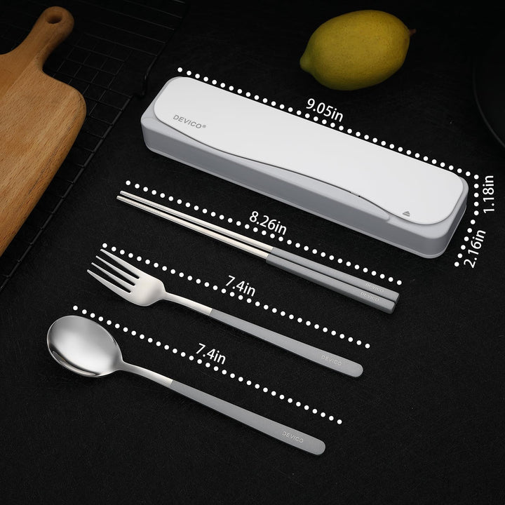 DEVICO Travel Utensils With Case, 18/8 Stainless Steel Camping Utensils, Reusable Portable Silverware Cutlery Set For Lunch Box, Include Fork Spoon Chopsticks Gray