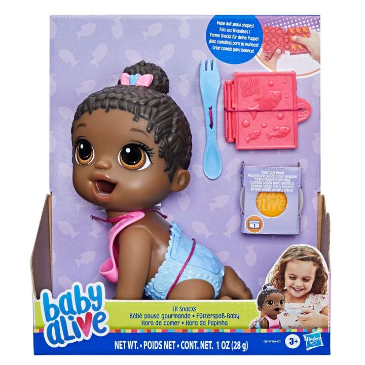 Baby Alive Lil Snacks Doll, Eats and Poops, Snack-Themed 8-Inch Baby Doll, Snack Box Mold, Toy for Kids Ages 3 and Up, Black Hair