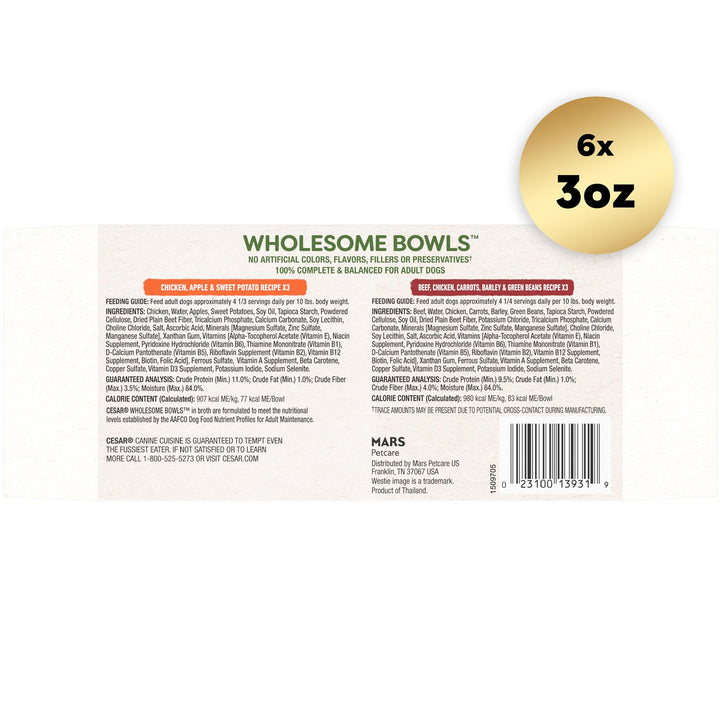 CESAR WHOLESOME BOWLS Adult Soft Wet Dog Food Variety Pack, (22) 3 oz. Bowls Chicken & Beef Variety Packs 3 Ounce (Pack of 22)