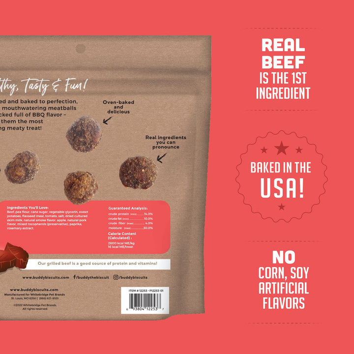 Buddy Biscuits Meaty Meatball Bites 10 oz Pouch of Dog Treats, BBQ Beef Recipe