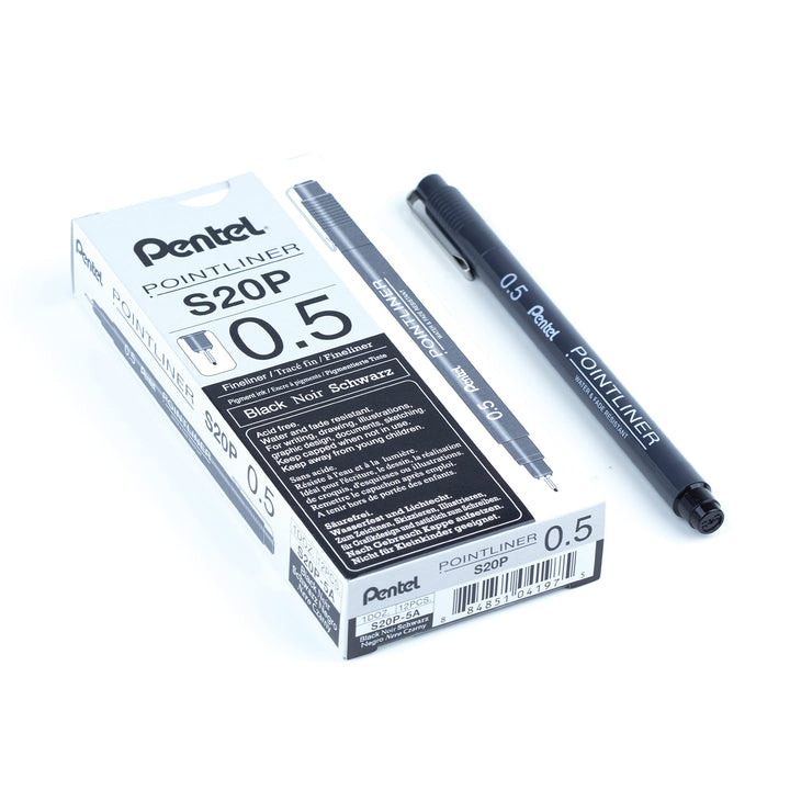 Pentel Arts Pointliner Drawing Pen, 0.5mm, Black Ink, Box of 12 (S20P-5A), 0.5 mm