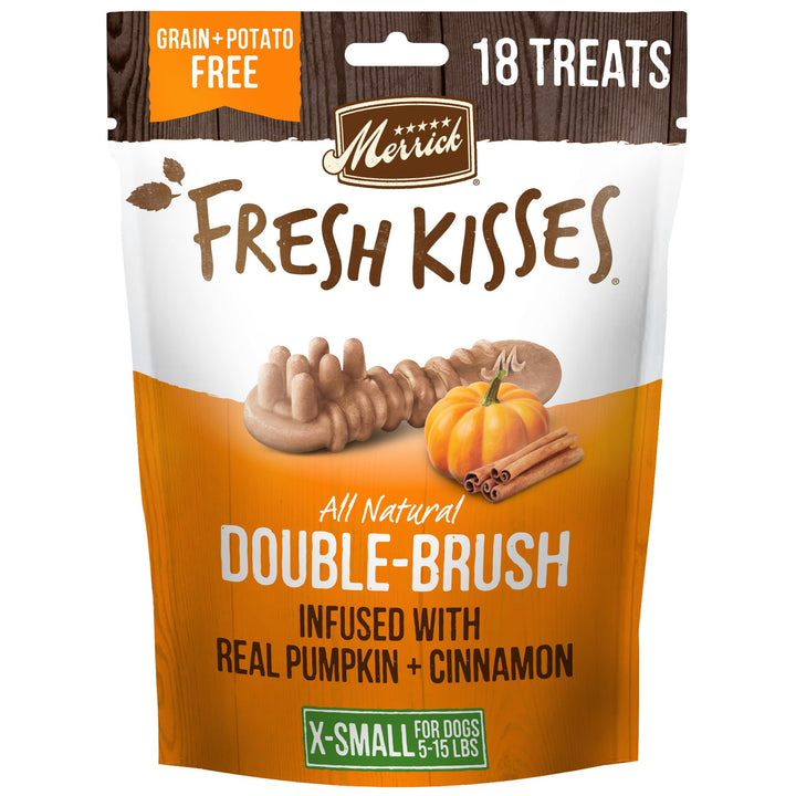 Merrick Fresh Kisses, Dental Chews for Dogs, Pumpkin and Cinnamon Natural Dog Treats for Small Dogs 5-15 Lbs - 5.3 oz. Pouch 5.3 Ounce (Pack of 1) X-Small Dogs 5-15 Lbs