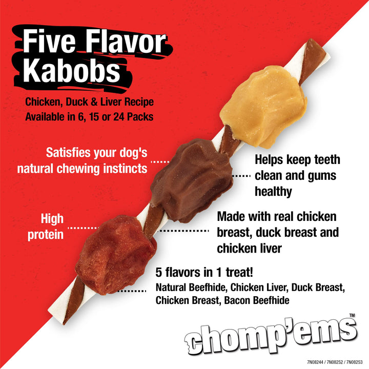 CHOMP 'EMS Five Flavor Kabobs Dog Treats - Beefhide Chewstick - High Protein Dog Chews, 15 Count 15 Count (Pack of 1)