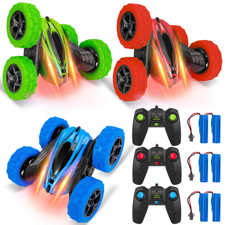 3-Pack RC Stunt Car for Kids - 360 Rotating 4WD Off-Road Double Sided Tumbling, Includes 6 Rechargeable Batteries (Blue, Green, Red)