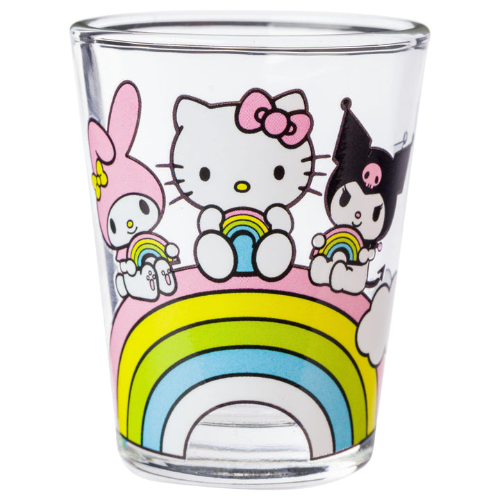 Silver Buffalo Sanrio Hello Kitty and Friends Rainbow Featuring Badtz-Maru, My Melody, Cinnamoroll, Kuromi, Little Twin Stars, Pochacco, Keroppi, Tuxedo Sam, and Chococat 4 Pack Mini Glass Set, 1.5oz