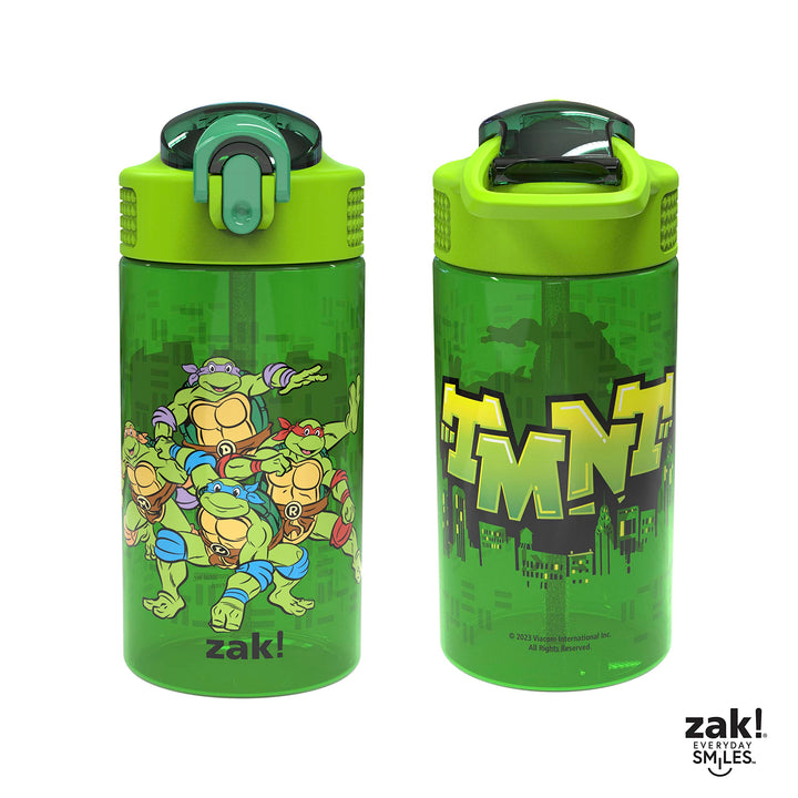 Zak Designs Teenage Mutant Ninja Turtles Kids Water Bottle For School or Travel, 16oz 2-Pack Durable Plastic Water Bottle With Straw, Handle, and Leak-Proof, Pop-Up Spout Cover (TMNT) 2 Count (Pack of 1)