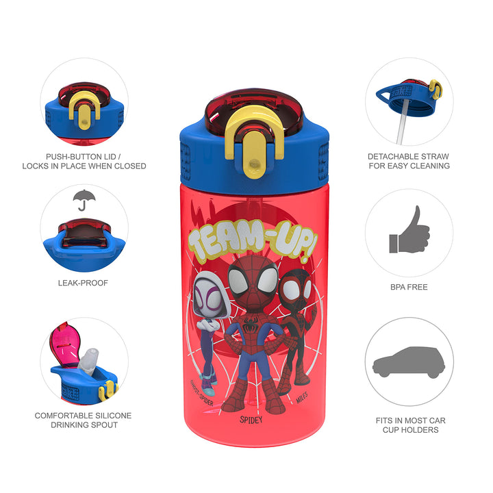 Zak Designs Marvel Spider-Man Kids Water Bottle with Spout Cover and Carrying Loop, Durable Plastic, Leak-Proof Design for Travel (16 oz, 2-Pack, Spidey and His Amazing Friends)