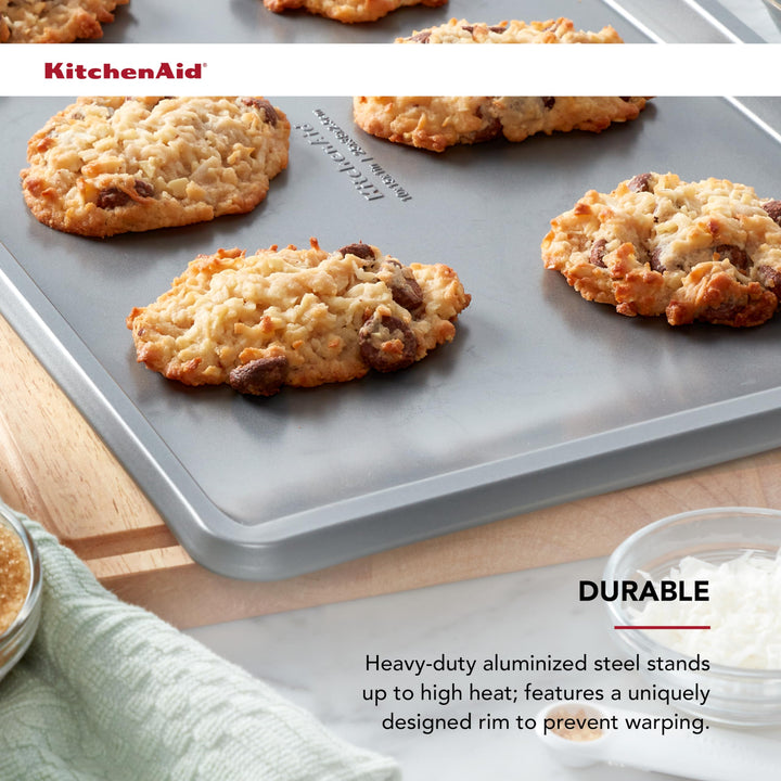 KitchenAid Nonstick 10 x 15 in Cookie Slider with Extended Handles for Easy Grip, Aluminized Steel to Promoted Even Baking, Dishwasher Safe,Contour Silver