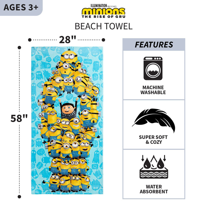 Franco Kids Super Soft Cotton Bath/Pool/Beach Towel, 58 in x 28 in, Minions The Rise Of Gru