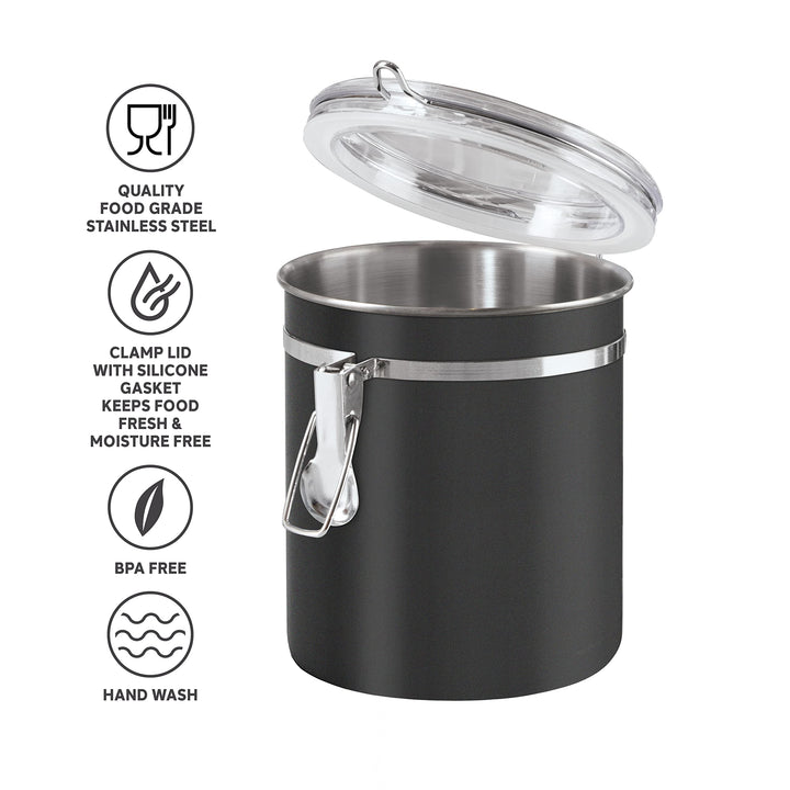 Oggi Stainless Steel Kitchen Canister 36 fl oz, Black - Airtight Clamp Lid, Clear See-Thru Top - Ideal for Kitchen Storage, Food Storage, Pantry Storage. Size 5" x 4.75". 36-ounce Airtight Canister