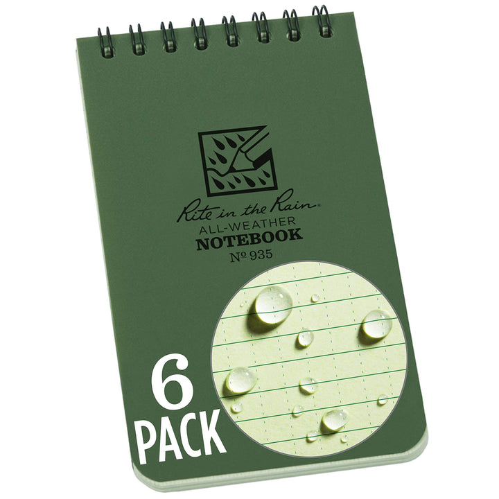 Rite in the Rain Weatherproof Top Spiral Notebook, 3" x 5", Green Cover, Universal Pattern, 6 Pack (No. 935L6)