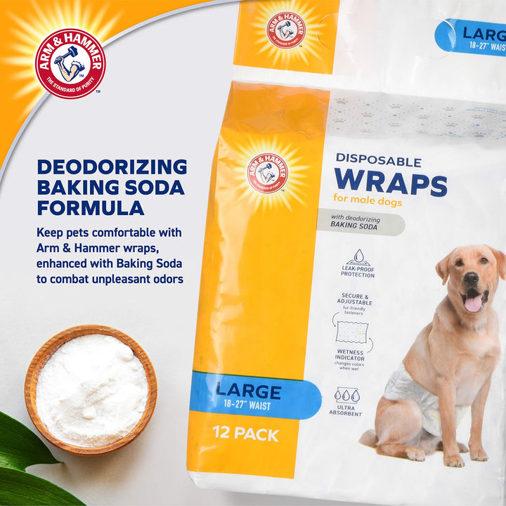 Arm & Hammer For Pets Male Dog Wraps, Medium 12 Ct | Ultra-Absorbent, Adjustable Male Dog Diapers with Leak-Proof Protection & Wetness Indicator | Arm & Hammer Baking Soda Enhanced for Odor Control Male Wraps Medium (12 Count)