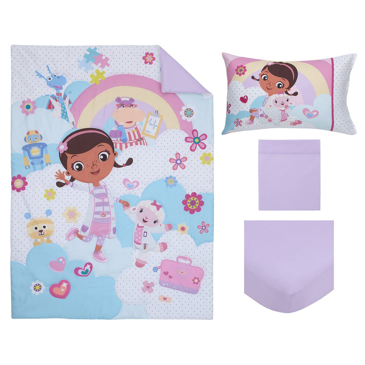 Disney Doc McStuffins - Cuddle Team Purple, White, & Blue 4Piece Toddler Bed Set - Comforter, Fitted Bottom Sheet, Flat Top Sheet, & Reversible Pillowcase, Lavender, Aqua, Pink, Yellow Disney Doc Mcstuffins