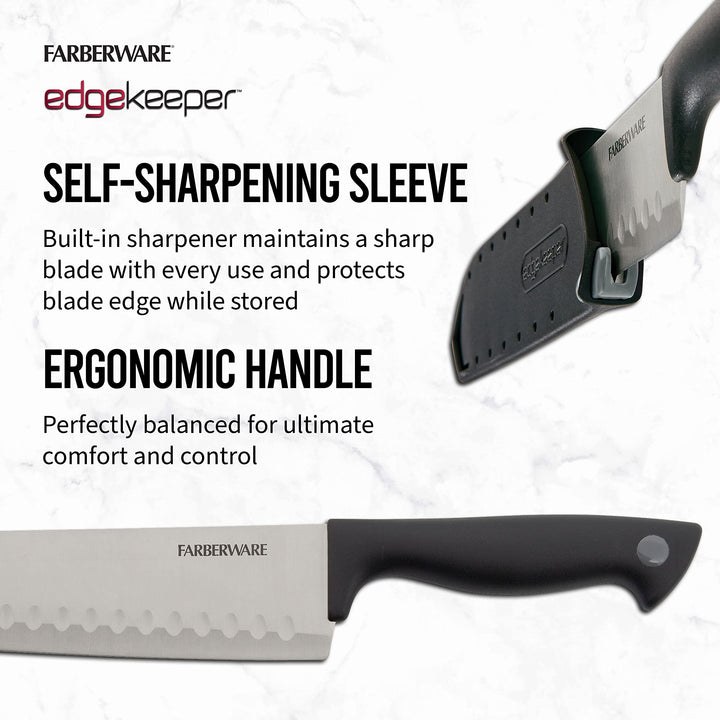 Farberware Edgekeeper 7-Inch Santoku Knife with Self-Sharpening Blade Cover, High Carbon-Stainless Steel Kitchen Knife with Ergonomic Handle, Razor-Sharp Knife, Black