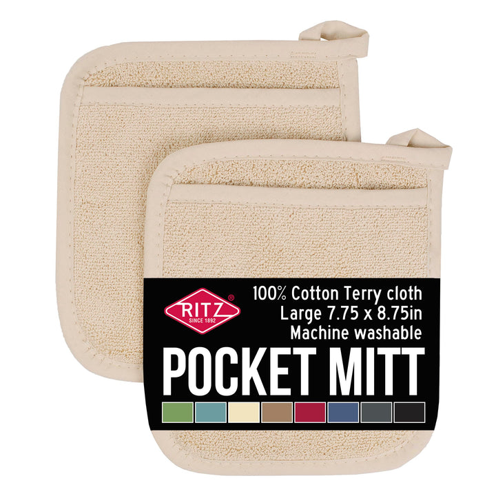 Ritz Terry Pocket Mitt & Hot Pad: Unparalleled Heat Resistant, Durable 100% Cotton – Ergonomically Designed for Optimal Grip – Easy-Care Machine Washable, Perfect for Your Kitchen – Latte, 2-Pk Pocket Mitt -- 2 pk