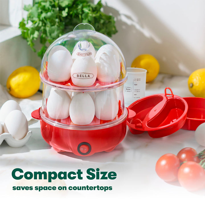 BELLA Rapid Electric Egg Cooker and Omelet Maker with Auto Shut Off, for Easy to Peel, Poached Eggs, Scrambled Eggs, Soft, Medium and Hard-Boiled Eggs, 14 Egg Capacity Tray, Double Tier, Red